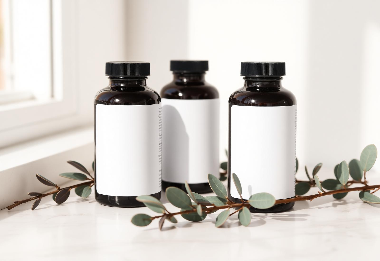 EXOMA supplement bottles on a soft cream surface